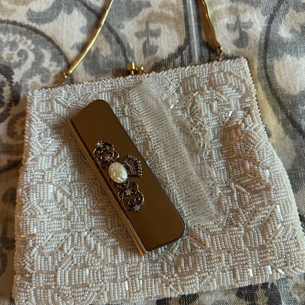 Vintage Bejeweled Pearl Ornate Compact Folding Comb & Mirror Case Kaiser Crown